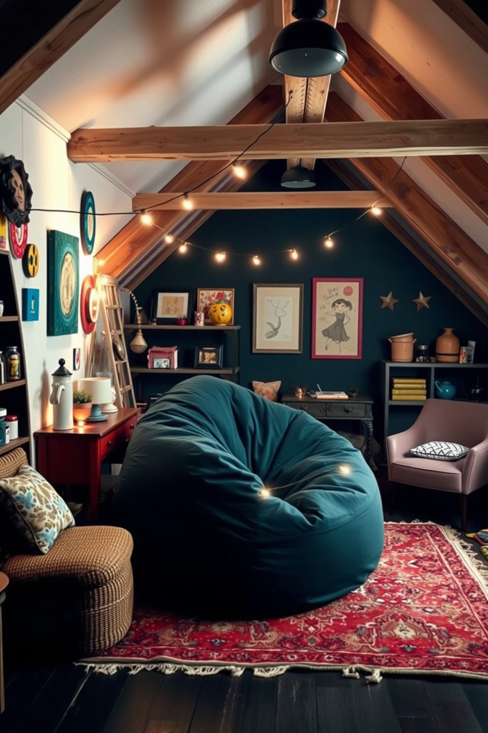 A whimsical decor setting featuring playful elements such as colorful wall art and quirky furniture. A large, oversized bean bag chair sits in the center, surrounded by string lights and unique decorative items. A dark attic room designed with cozy nooks and moody lighting. Exposed beams and rich, deep colors create an inviting atmosphere, while a vintage rug adds warmth to the space.