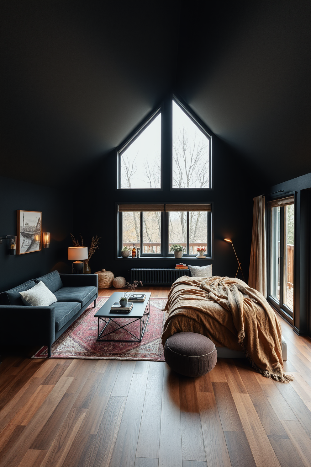 A cozy dark attic room featuring low-profile furniture that enhances the sense of space. The furniture includes a sleek sectional sofa, a minimalist coffee table, and a low-profile bed adorned with soft textiles, all in deep, rich colors to complement the room's ambiance. The walls are painted in a dark hue, creating an intimate atmosphere, while large windows allow natural light to flood the space. Decorative elements like layered rugs and ambient lighting fixtures add warmth and character to this stylish retreat.