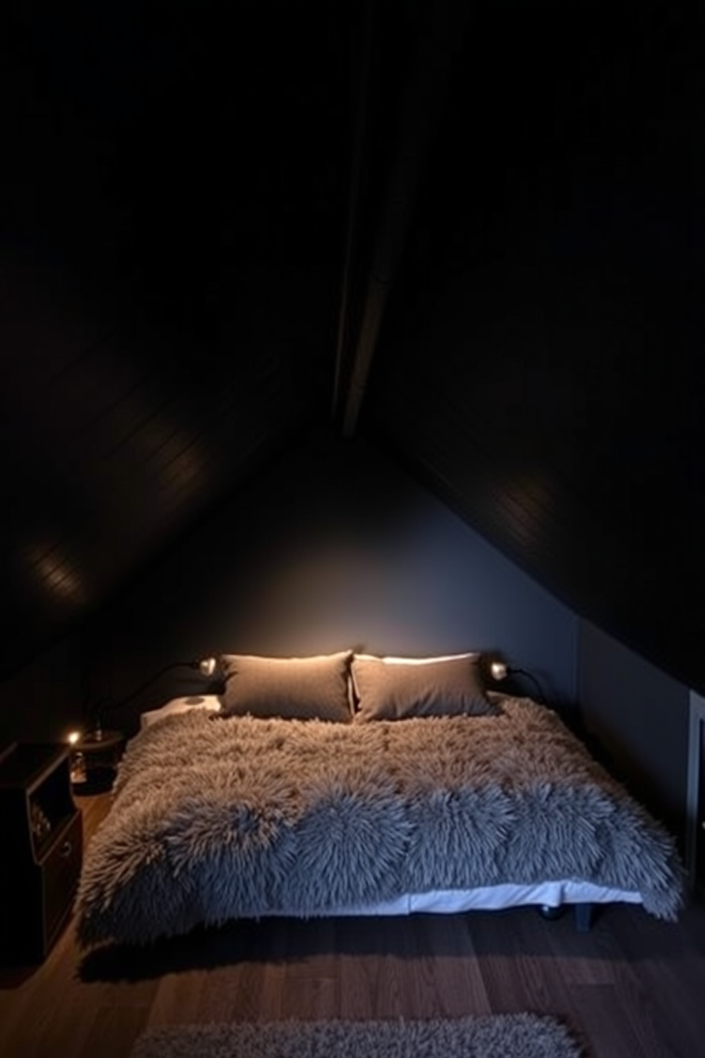 A dark attic room features a slanted ceiling that adds character and warmth to the space. In the cozy alcove, a plush bed is nestled beneath the slope, surrounded by soft, ambient lighting and rich textures.