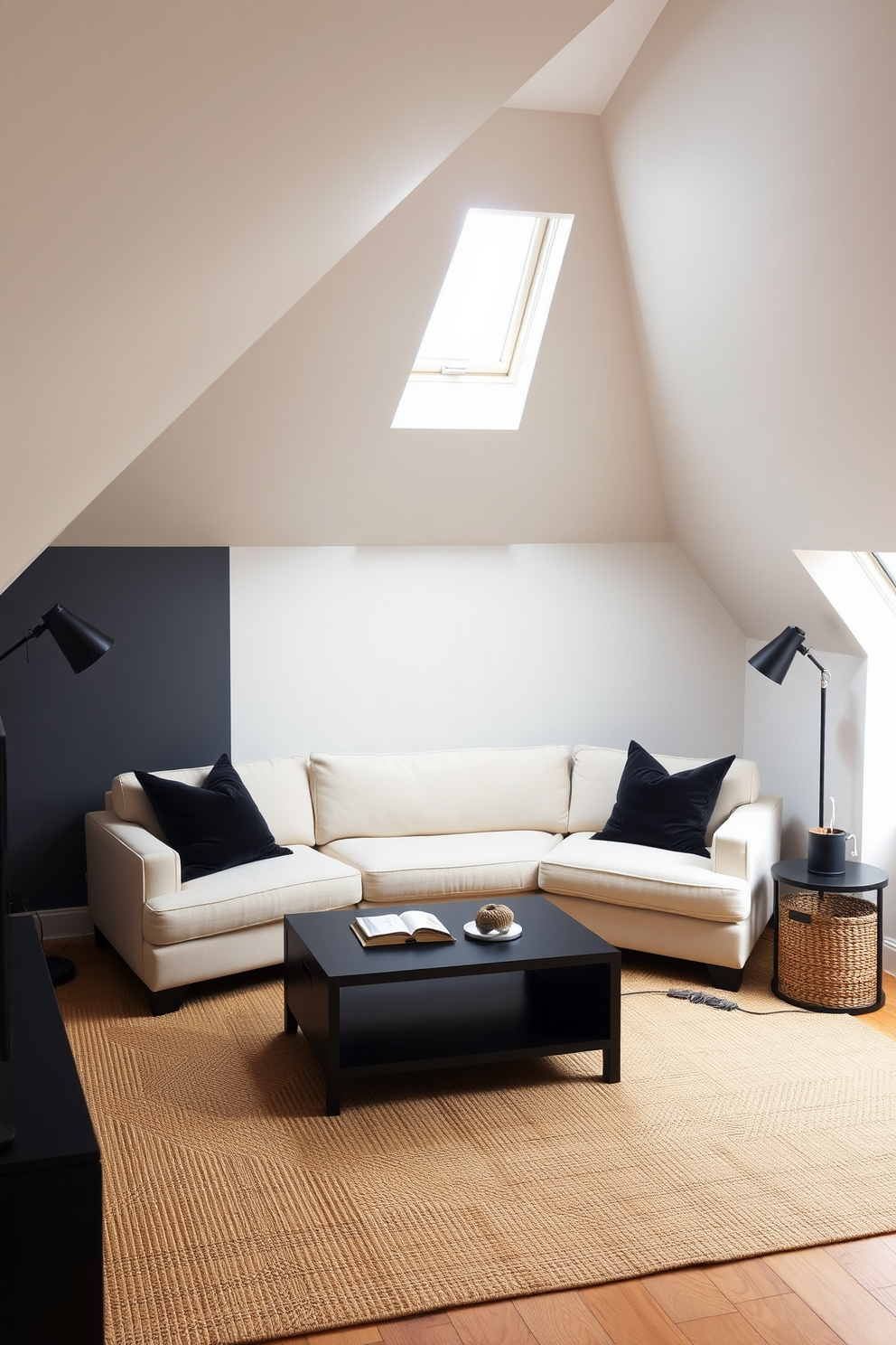 A cozy attic room designed with a neutral color palette featuring shades of beige and soft gray. Dark accents such as a charcoal gray accent wall and black furniture pieces create a striking contrast. The space includes a plush cream-colored sofa adorned with dark throw pillows, paired with a sleek black coffee table. Natural light filters in through a skylight, illuminating the room and highlighting the warm textures of the woven area rug.