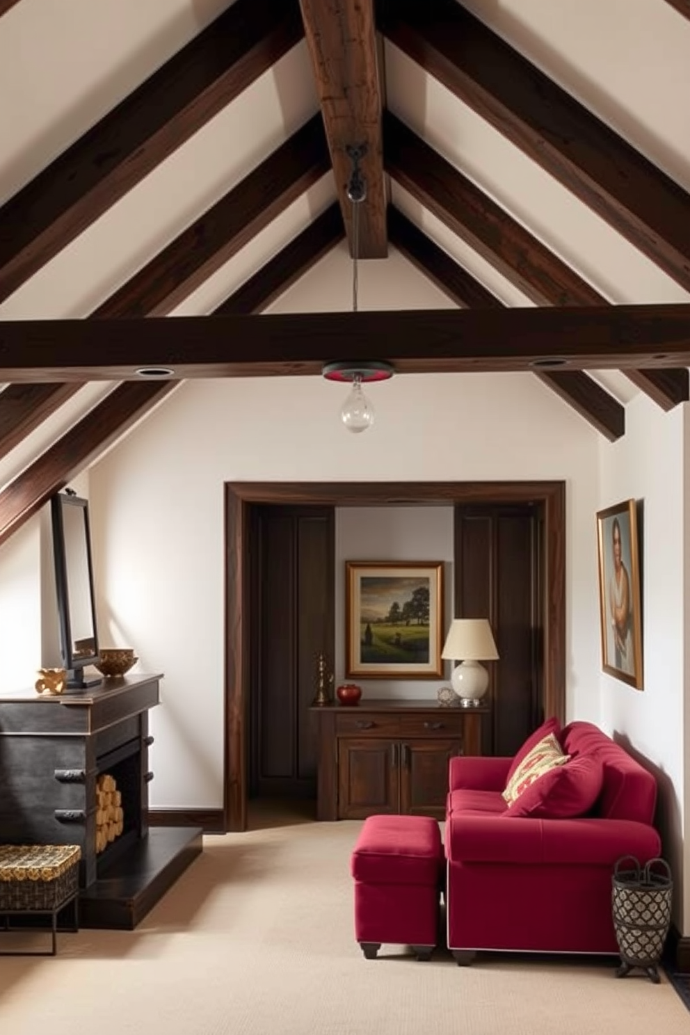 Moody black walls create a dramatic backdrop for this attic room, enhanced by bright accent pieces that add a vibrant touch. A plush, colorful area rug lies in the center, contrasting beautifully with the dark flooring and inviting warmth into the space. Large, stylish windows allow natural light to filter in, illuminating the unique architectural features of the attic. Furnishings include a sleek, modern sofa in a bold hue and eclectic artwork that pops against the black walls, creating an inspiring and cozy retreat.