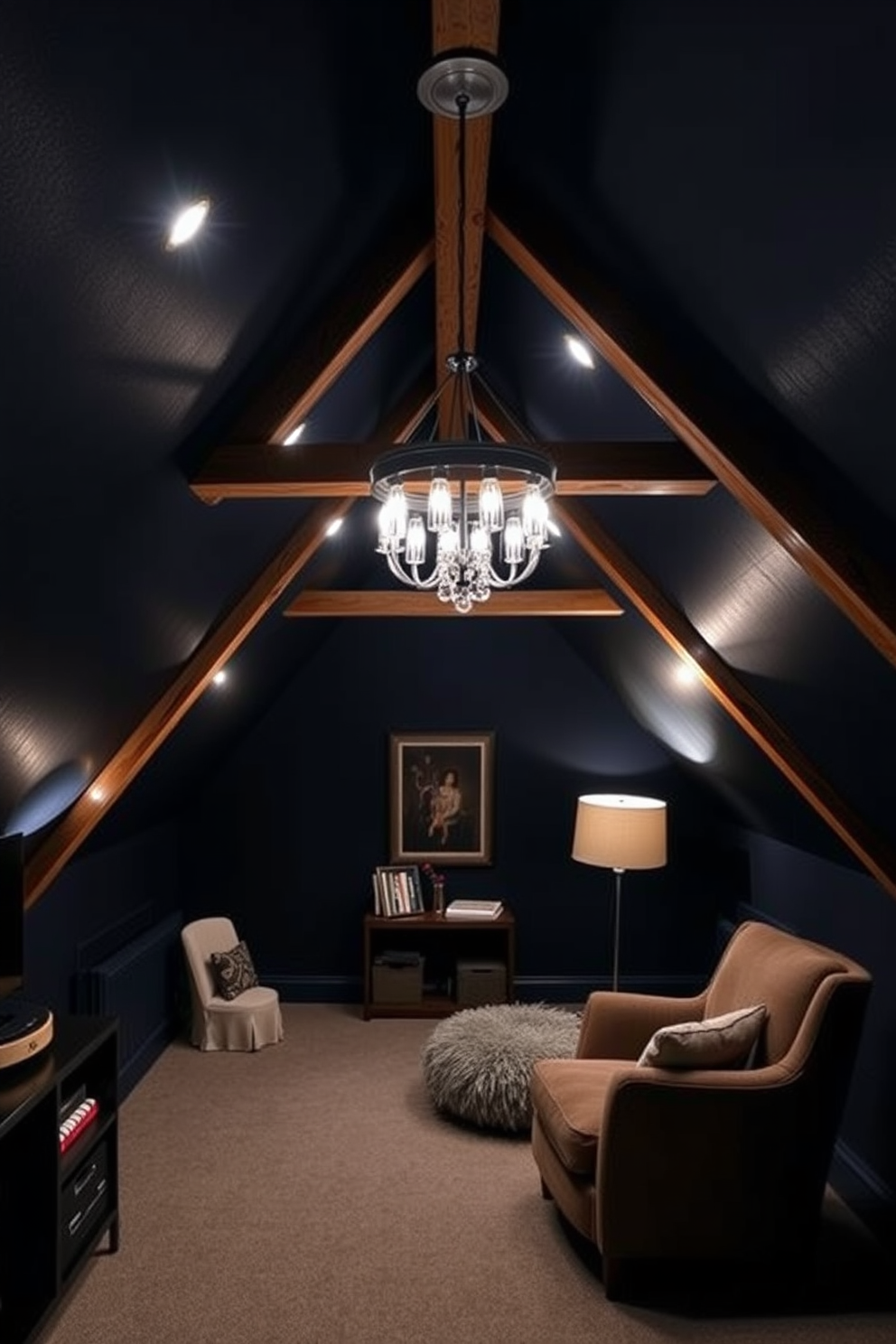 A dark attic room designed for relaxation and creativity. The space features layered lighting with a combination of recessed lights, a statement chandelier, and soft floor lamps to create various moods. The walls are painted in a deep navy blue, complemented by exposed wooden beams. Cozy furnishings, such as a plush armchair and a small reading nook, enhance the inviting atmosphere.