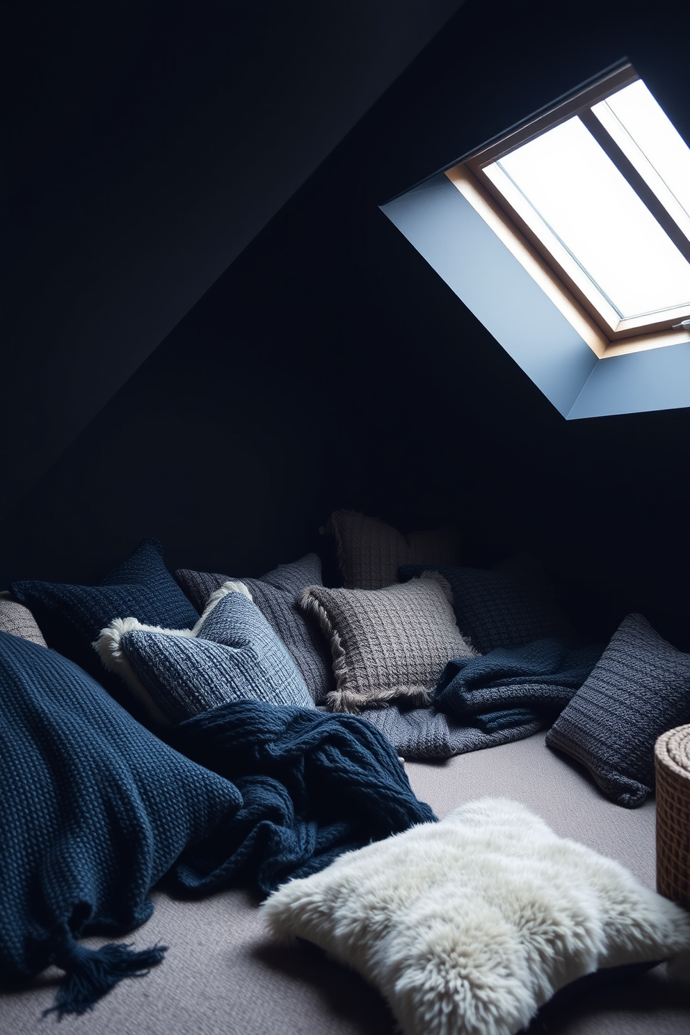 A dark attic room filled with cozy charm. The walls are painted in a deep charcoal shade, and the ceiling features exposed wooden beams. In one corner, a plush velvet armchair is paired with a small side table. Lush green plants are strategically placed throughout the space to provide vibrant pops of color.