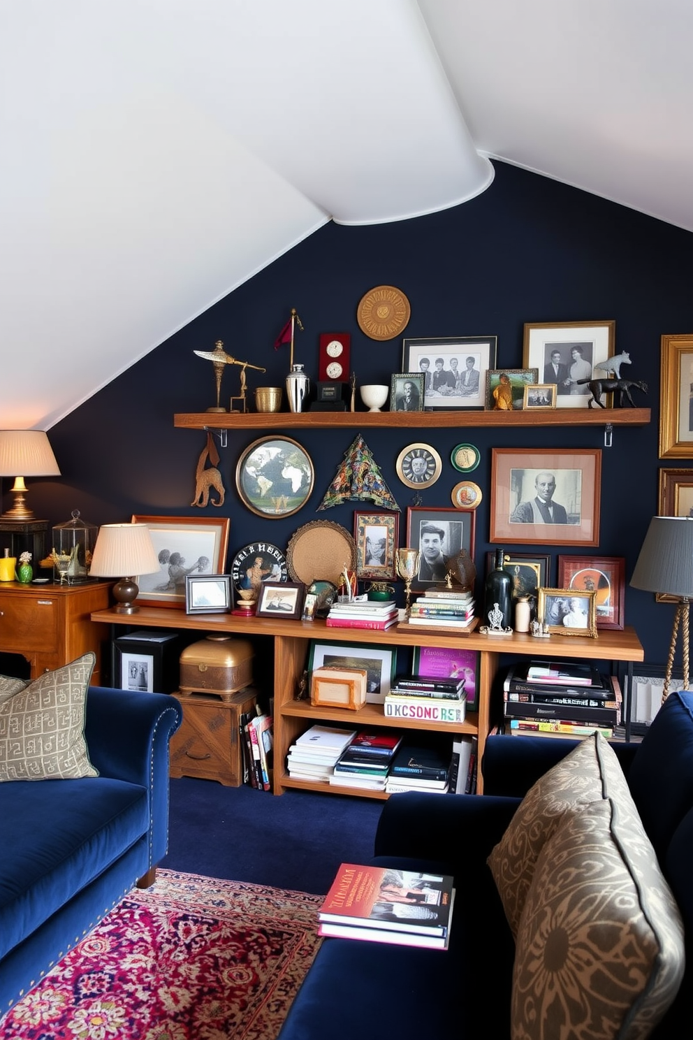 Artful display of personal collections. The room features a rustic wooden shelf that showcases an array of unique artifacts and cherished memorabilia, each carefully arranged to tell a story. Dark Attic Room Design Ideas. The space is transformed with deep navy walls and plush velvet furnishings, creating a cozy retreat filled with ambient lighting and eclectic decor that reflects personal style.