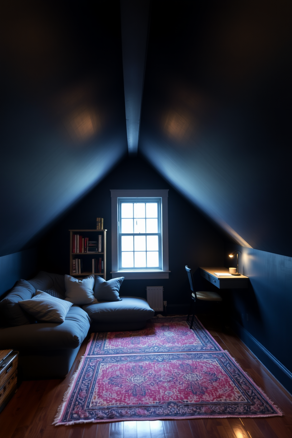 A cozy dark attic room with sloped ceilings and creative use of under-eave spaces. Soft ambient lighting illuminates the room, highlighting a plush seating area with oversized cushions and a small bookshelf nestled into the eaves. The walls are painted in a deep navy blue, creating a serene atmosphere. A vintage rug adds warmth to the hardwood floor, while a small desk tucked under the eave provides a perfect nook for reading or writing.