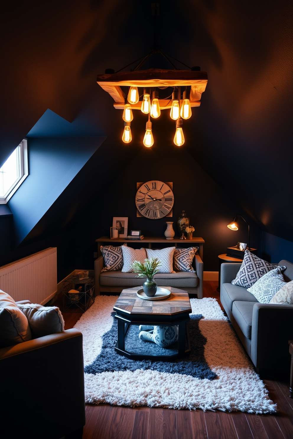 A dark attic room designed for relaxation features unique light fixtures that create a warm and inviting atmosphere. The walls are painted in deep navy, and a plush area rug adds comfort underfoot while accenting the space with contrasting textures. Incorporating a statement chandelier made of reclaimed wood and Edison bulbs draws the eye upward, enhancing the room's character. Cozy seating areas with oversized cushions and ambient lighting invite you to unwind and enjoy the serene environment.