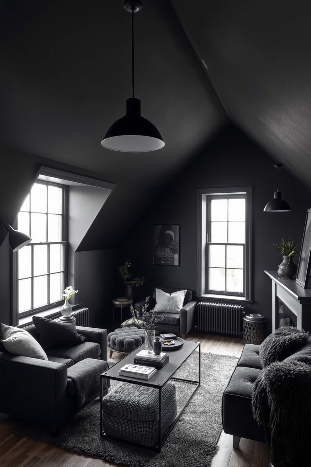 A dramatic dark attic room featuring a monochromatic color scheme. The walls are painted in deep charcoal, complemented by black furniture and rich textures to create a cozy yet striking atmosphere. Large windows allow natural light to filter in, highlighting the layered textiles and plush furnishings. Statement lighting fixtures in matte black add elegance while maintaining the overall moody aesthetic.