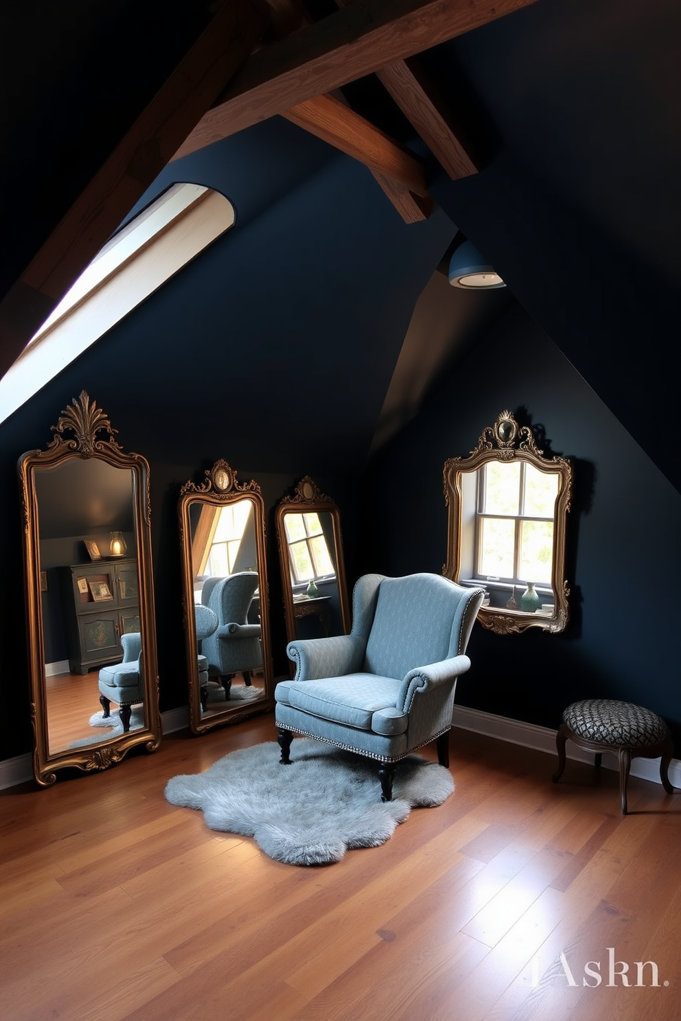 A cozy dark attic room features sloped ceilings and exposed wooden beams. Vintage mirrors are strategically placed to enhance the sense of space and elegance, reflecting warm light from a nearby window. The walls are painted in a deep navy blue, creating a serene backdrop. A plush area rug sits on the hardwood floor, while a vintage armchair adds a touch of charm and comfort.