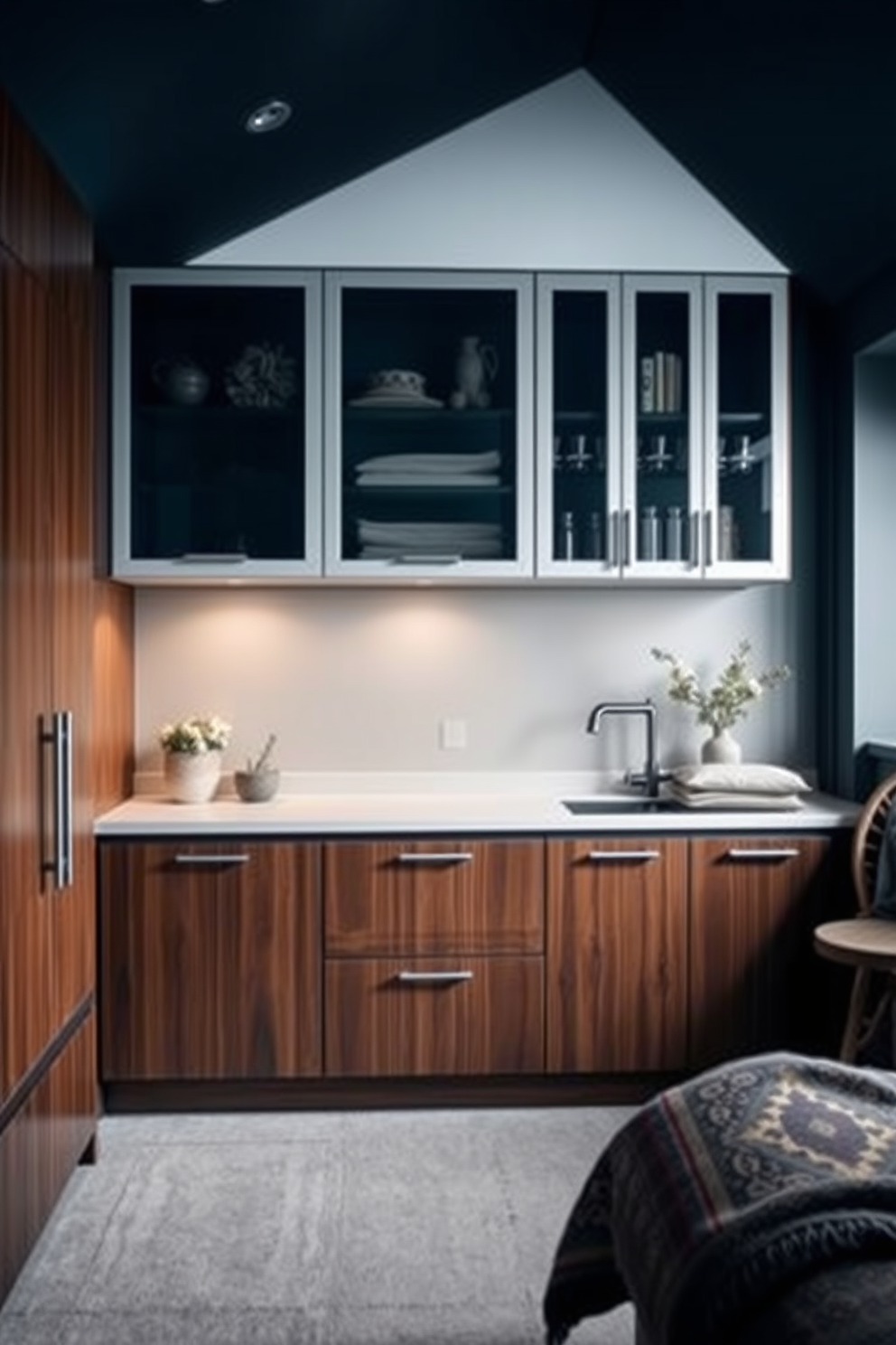 Custom cabinetry for a polished finish. The cabinetry features sleek lines and a rich wood finish that complements the overall aesthetic of the space. Dark attic room design ideas. The room is adorned with deep, moody colors and cozy textiles, creating a warm and inviting atmosphere.