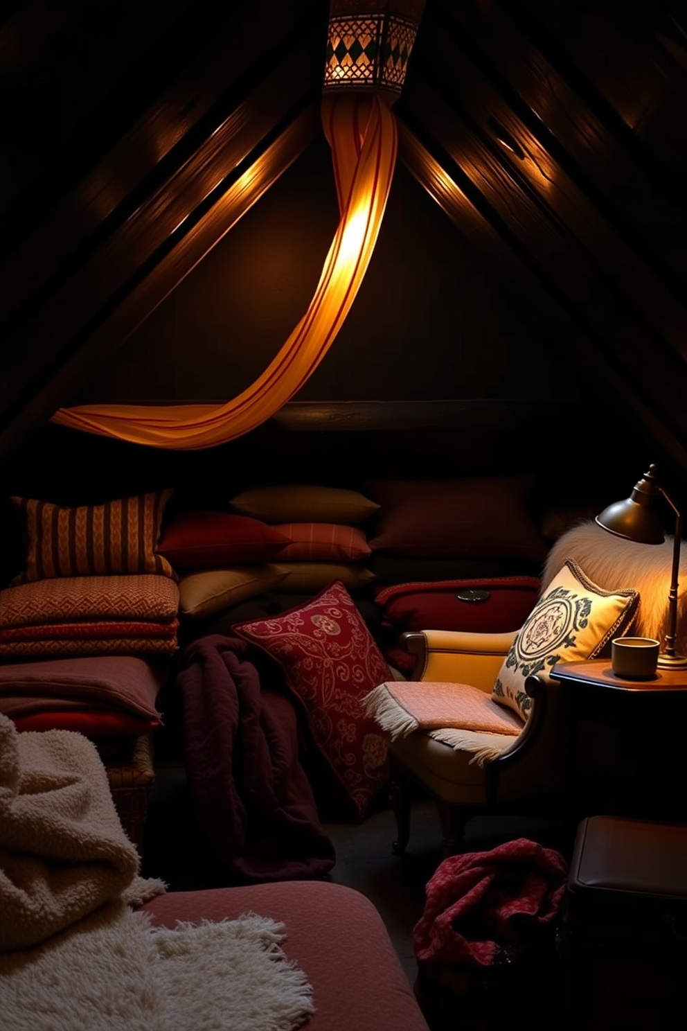 A dark attic room filled with layered textiles creates a cozy and inviting atmosphere. Plush rugs, thick curtains, and a variety of cushions in rich colors enhance the room's warmth and comfort. The walls are painted in deep charcoal, complemented by warm wooden beams that add character. Soft lighting from vintage lamps casts a gentle glow, highlighting the textures and creating a serene retreat.