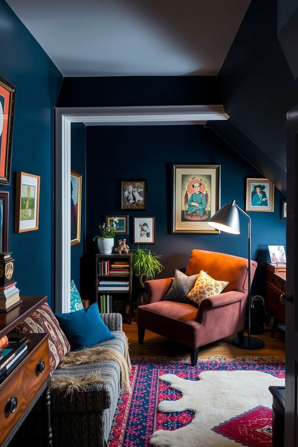 An eclectic mix of styles creates a unique and personalized atmosphere in a dark attic room. Vintage furniture pieces blend with modern decor elements, while bold colors and textures bring warmth and character to the space. The walls are painted in a deep navy blue, accented by eclectic artwork and layered textiles. A cozy reading nook is formed by a plush armchair and a small bookshelf, illuminated by a stylish floor lamp.