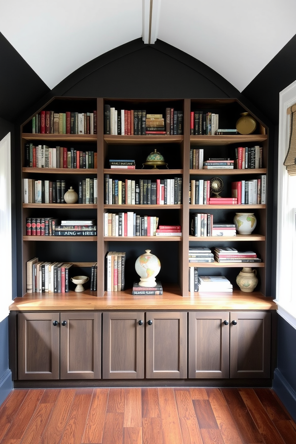 A cozy dark attic room designed with built-in shelves that elegantly display a curated selection of books and decorative items. The shelves are crafted from reclaimed wood, contrasting beautifully with the deep charcoal walls, creating a warm and inviting atmosphere.