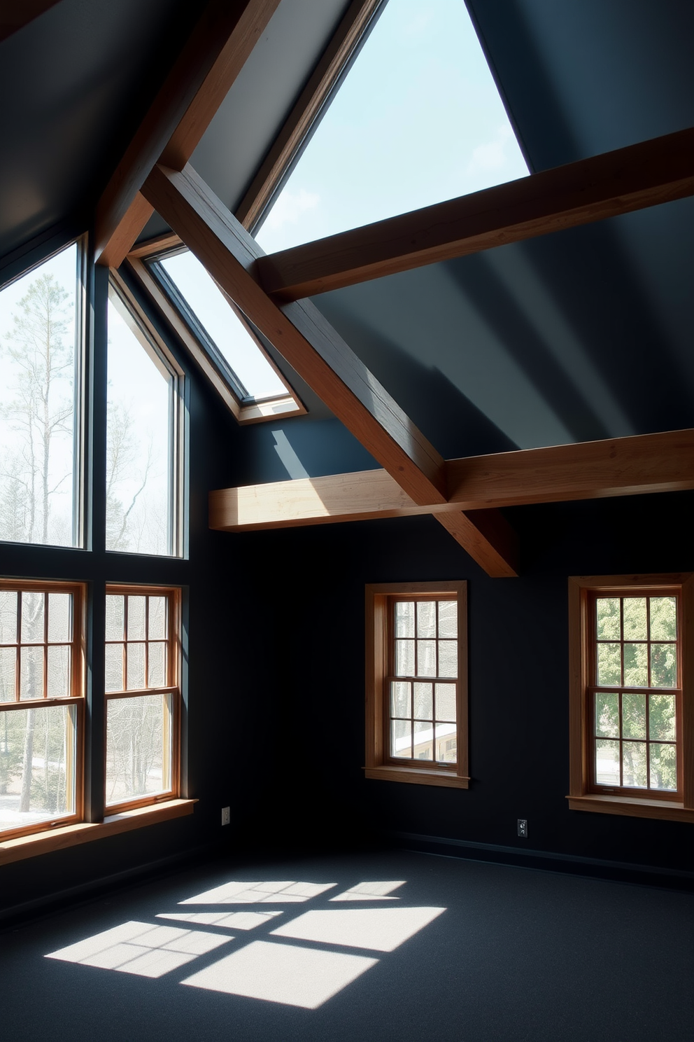 A dark attic room features exposed wooden beams and rustic brick walls. Industrial lighting fixtures hang from the ceiling, providing a striking contrast against the deep hues of the space. The room is furnished with a plush, oversized sofa and a vintage coffee table. Large windows allow natural light to filter in, enhancing the cozy atmosphere while highlighting the unique design elements.