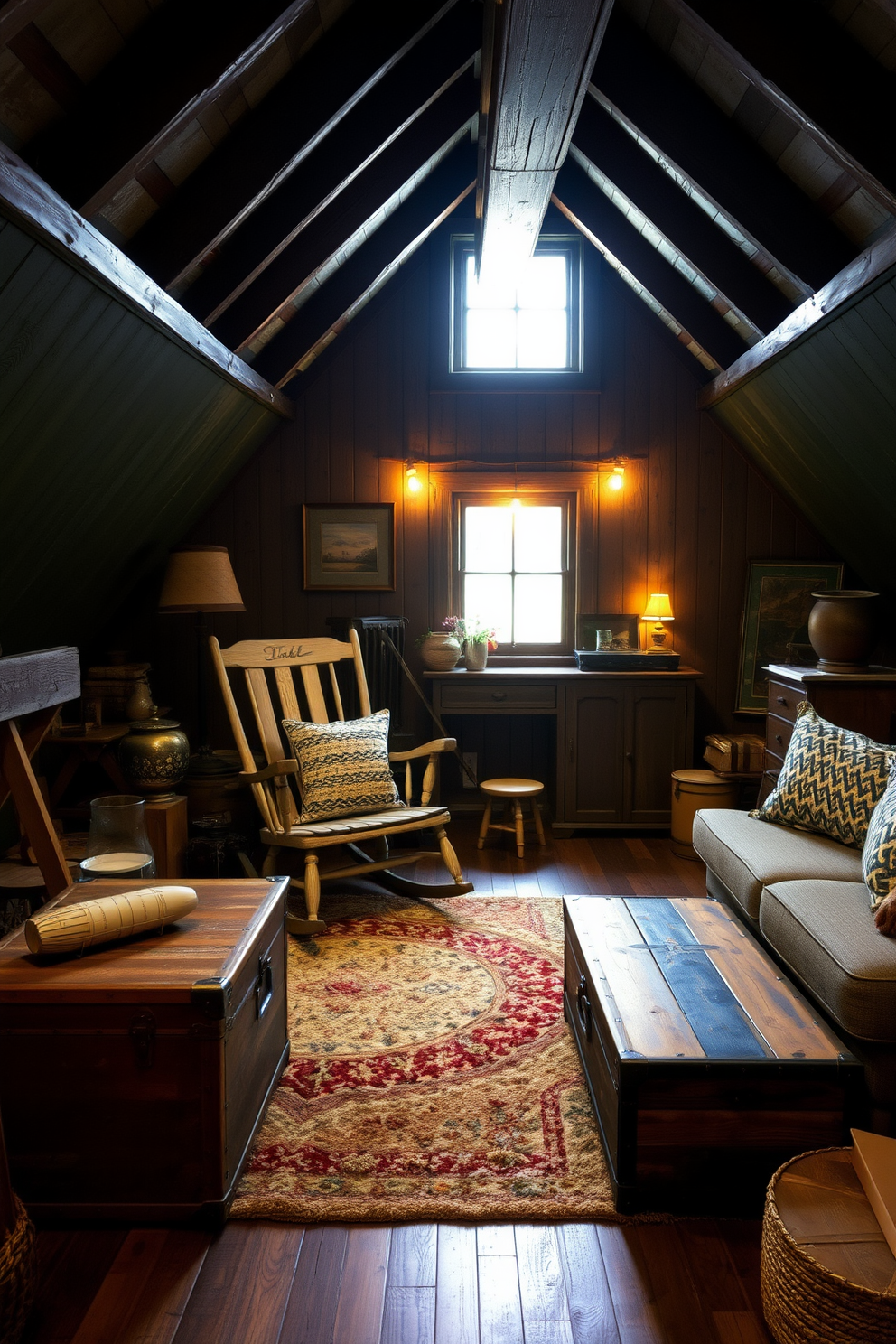 A cozy dark attic room filled with vintage furniture that exudes a rustic vibe. The space features a distressed wooden rocking chair, a reclaimed wood coffee table, and a plush area rug with earthy tones. The walls are adorned with exposed wooden beams and warm, ambient lighting creates an inviting atmosphere. A vintage trunk serves as a stylish storage solution while adding character to the room.