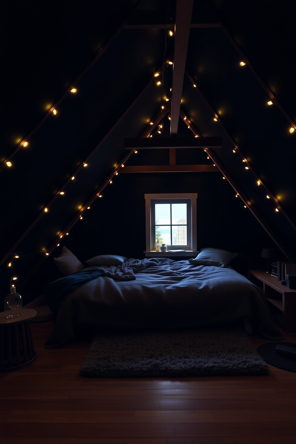 A cozy dark attic room featuring mood lighting created by warm string lights draped along the exposed beams of the ceiling. The walls are painted in a deep navy blue, and a plush area rug in soft gray adds warmth to the wooden floor.