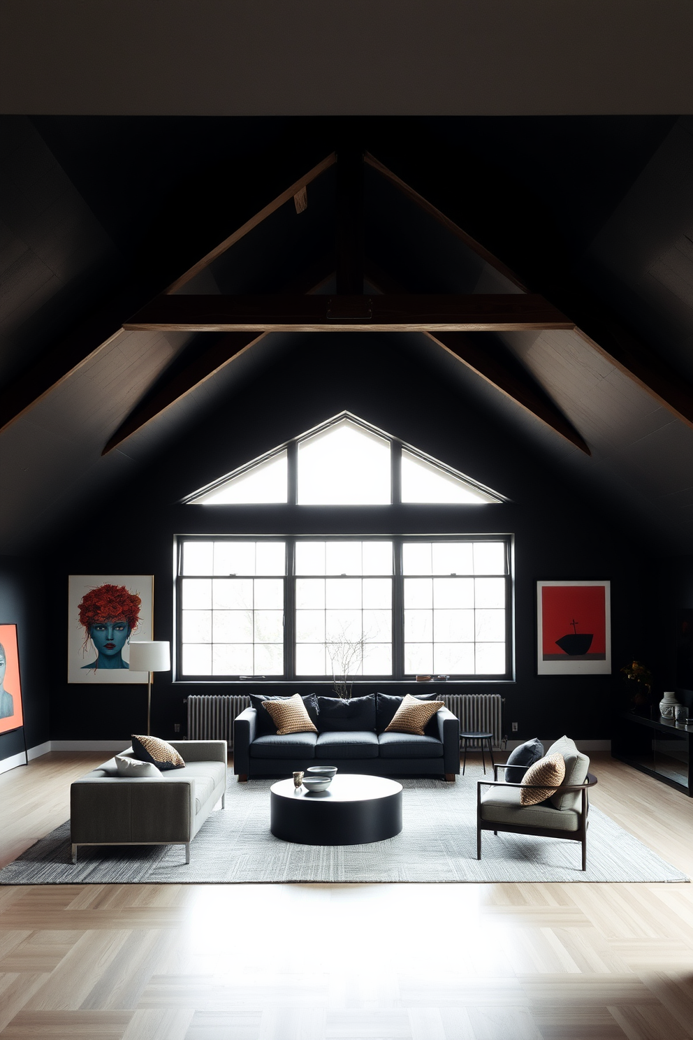 A minimalist design featuring a dark attic room with sloped ceilings and exposed wooden beams. The space is adorned with bold art pieces that create a striking contrast against the muted walls. Large windows allow natural light to filter in, highlighting the unique architectural features. A simple yet elegant furniture arrangement enhances the room's spacious feel while maintaining a cozy atmosphere.