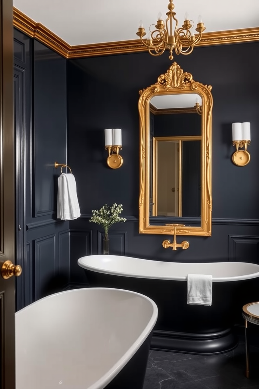 Moody navy walls create a dramatic backdrop for this luxurious bathroom. Gold accents are incorporated through fixtures and decorative elements, adding a touch of elegance and warmth. The space features a freestanding soaking tub with a sleek gold faucet. A large, ornate mirror with a gold frame reflects the ambient light, enhancing the rich color scheme.