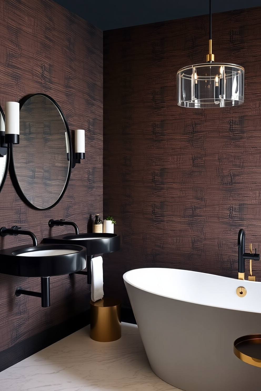 Textured wallpaper in deep hues creates a dramatic backdrop for a luxurious bathroom. The space features sleek black fixtures and a freestanding tub, complemented by warm gold accents throughout.