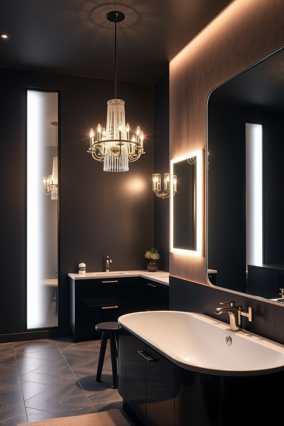 A striking dark bathroom design featuring dramatic lighting fixtures that create an inviting ambiance. The space includes a deep freestanding bathtub illuminated by a modern chandelier that casts soft shadows across the room. The walls are painted in a rich charcoal hue, complemented by sleek black cabinetry and metallic accents. A large mirror with integrated backlighting enhances the overall elegance while providing functionality.