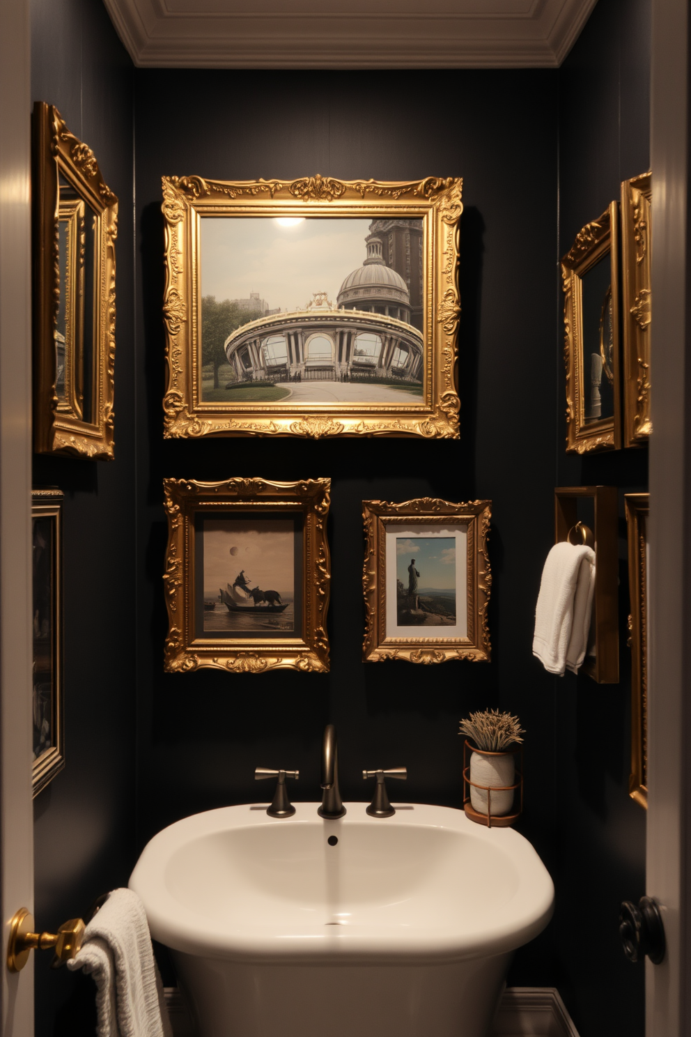 A dark and moody bathroom featuring vintage gold frames that elegantly display various pieces of artwork. The walls are painted in a deep charcoal color, and the lighting is soft and ambient, highlighting the intricate details of the frames.