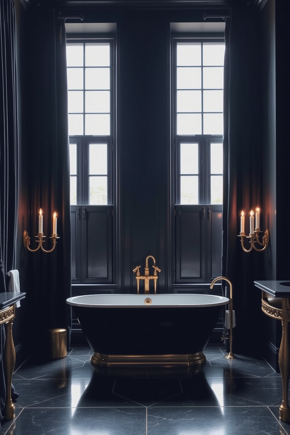 A cozy bathroom setting with rich burgundy accents throughout the space. The walls are painted in a deep charcoal shade, creating a dramatic backdrop for the warm tones. A freestanding bathtub is positioned near a large window, surrounded by plush burgundy towels and candle holders. The vanity features a dark wood finish with gold hardware, complementing the overall luxurious feel of the room.