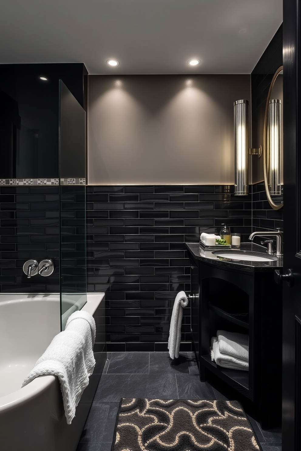 A dark and moody bathroom featuring glossy black cabinets that create a sleek and modern finish. The walls are painted in a deep charcoal hue, and the floor is adorned with large matte black tiles for a cohesive look.