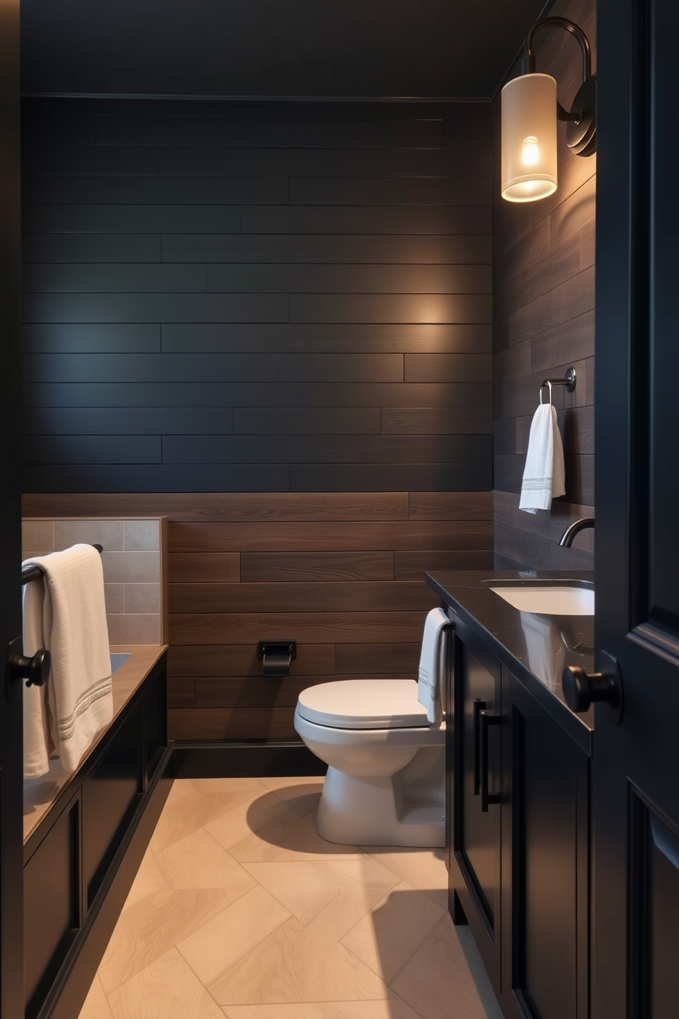 A striking accent wall features dark shiplap panels that add depth and texture to the space. The overall bathroom design embraces a moody aesthetic with deep hues and sleek fixtures. Rich black cabinetry contrasts beautifully with the warm wood tones of the shiplap, creating a sophisticated look. Soft ambient lighting highlights the elegant features while maintaining a cozy atmosphere.