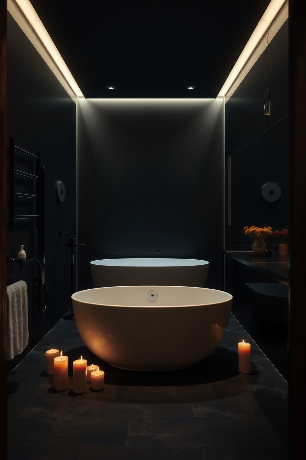 Moody lighting casts a soft glow across the dark bathroom, creating an intimate and relaxing atmosphere. The walls are painted in a deep charcoal hue, complemented by rich wooden accents and sleek black fixtures. A freestanding soaking tub takes center stage, surrounded by strategically placed candles that enhance the ambiance. The floor is adorned with dark, textured tiles, while a large, frameless mirror reflects the gentle light, adding depth to the space.