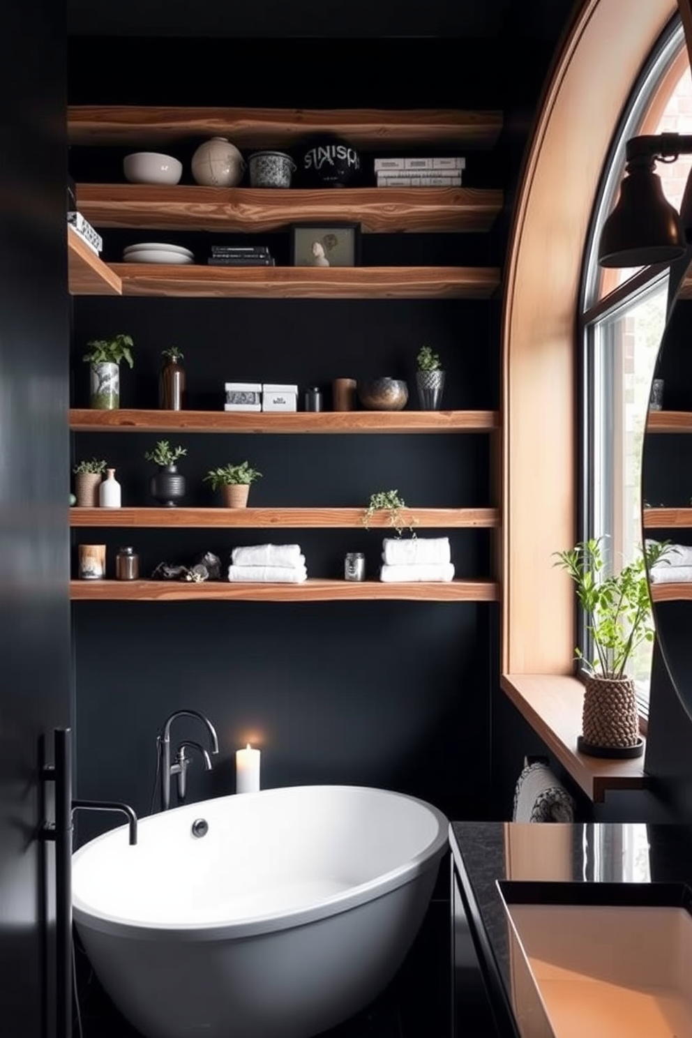 Rustic wood shelves are mounted against dark walls, creating a striking contrast that adds depth to the space. The shelves are filled with an array of decorative items and plants, enhancing the room's warm and inviting atmosphere. The dark bathroom features sleek fixtures and ambient lighting that accentuates the rich tones of the walls. A freestanding tub sits elegantly beneath a window, surrounded by candles and natural elements for a serene retreat.