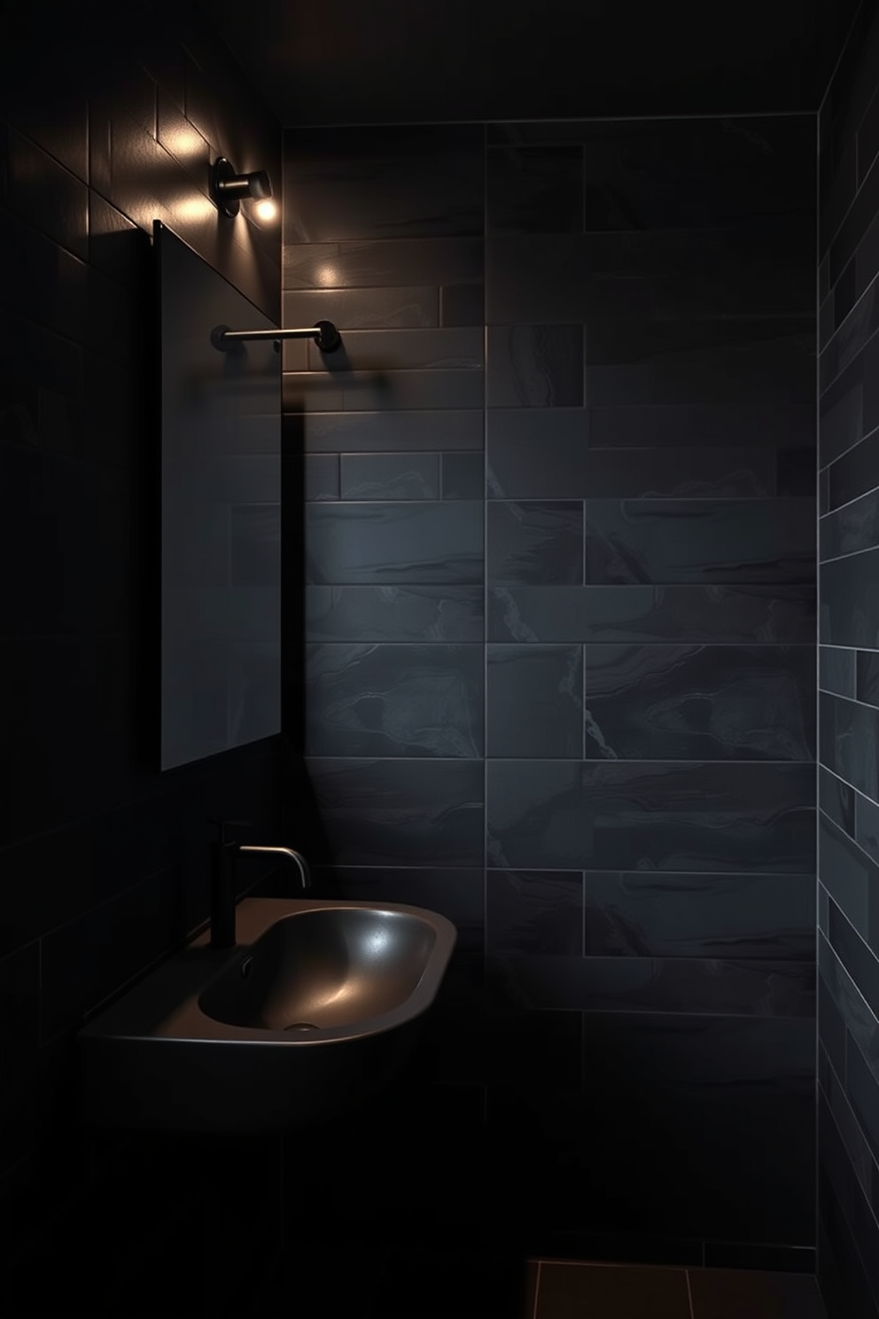 A dramatic bathroom setting featuring charcoal tiles that create a sleek and modern ambiance. The matte black fixtures complement the dark aesthetic, adding a touch of elegance and sophistication. The walls are adorned with deep shades to enhance the moody atmosphere. Soft lighting fixtures are strategically placed to highlight the beauty of the charcoal tiles and create a warm glow.