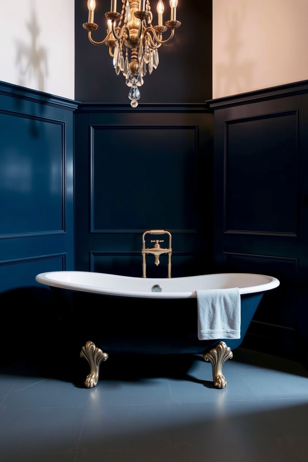 Elegant clawfoot tub in deep color. The walls are painted in a rich navy blue, creating a dramatic backdrop for the tub. Soft ambient lighting highlights the luxurious fixtures and finishes. A vintage chandelier hangs above, adding a touch of glamour to the space.