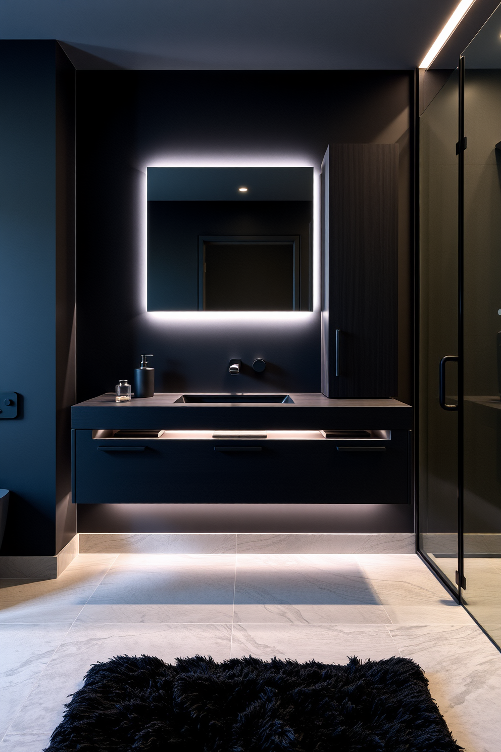 A luxurious dark bathroom featuring deep black walls that create a dramatic backdrop for gold accents. The space is adorned with striking black and gold art pieces that enhance the sophistication of the design. A freestanding black soaking tub sits elegantly in the center, complemented by a sleek gold floor lamp nearby. The vanity showcases a black marble countertop with gold fixtures, adding to the overall opulence of the room.