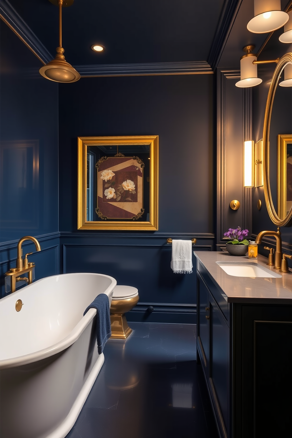 A deep blue bathroom featuring elegant brass fixtures that enhance the luxurious ambiance. The space includes a freestanding soaking tub and a modern vanity with a sleek design, complemented by warm lighting for a cozy atmosphere.