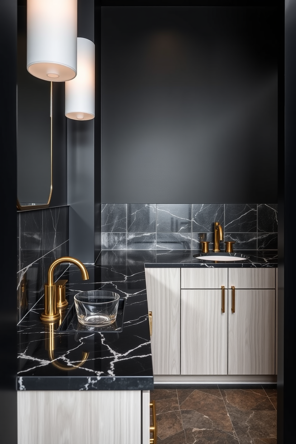 A striking dark bathroom setting featuring dark marble countertops paired with sleek light cabinetry. The contrast creates an elegant and modern aesthetic, enhanced by subtle gold accents in the fixtures. The walls are adorned with deep charcoal paint, providing a dramatic backdrop. Soft ambient lighting highlights the textures of the marble and cabinetry, creating a warm and inviting atmosphere.