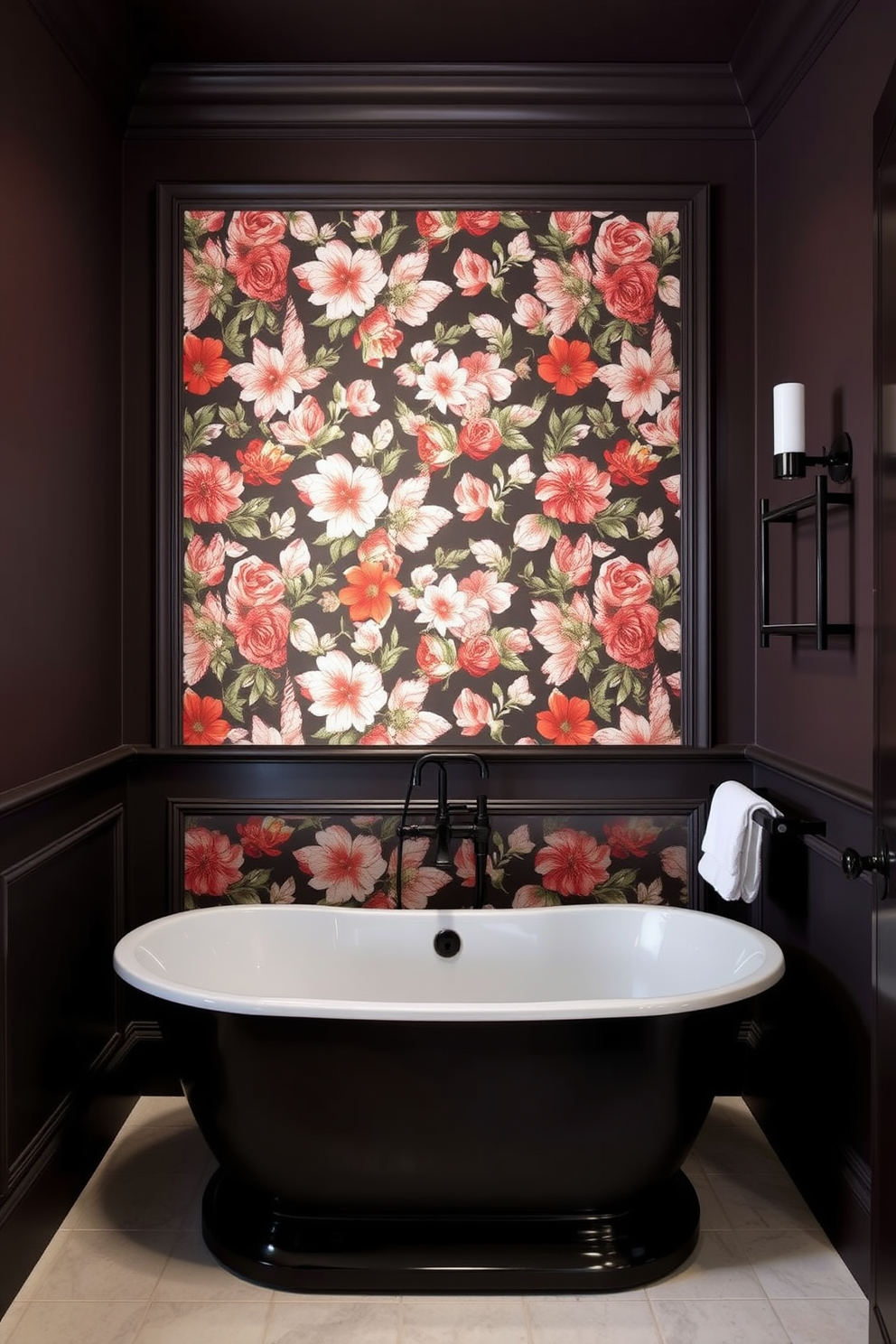 A striking feature wall adorned with bold floral wallpaper sets the tone for an elegant yet dramatic bathroom. The surrounding walls are painted in deep, rich tones, creating a cozy and intimate atmosphere. Sleek black fixtures and accessories contrast beautifully against the vibrant wallpaper, adding a touch of modern sophistication. A freestanding black bathtub serves as a stunning centerpiece, inviting relaxation and indulgence.