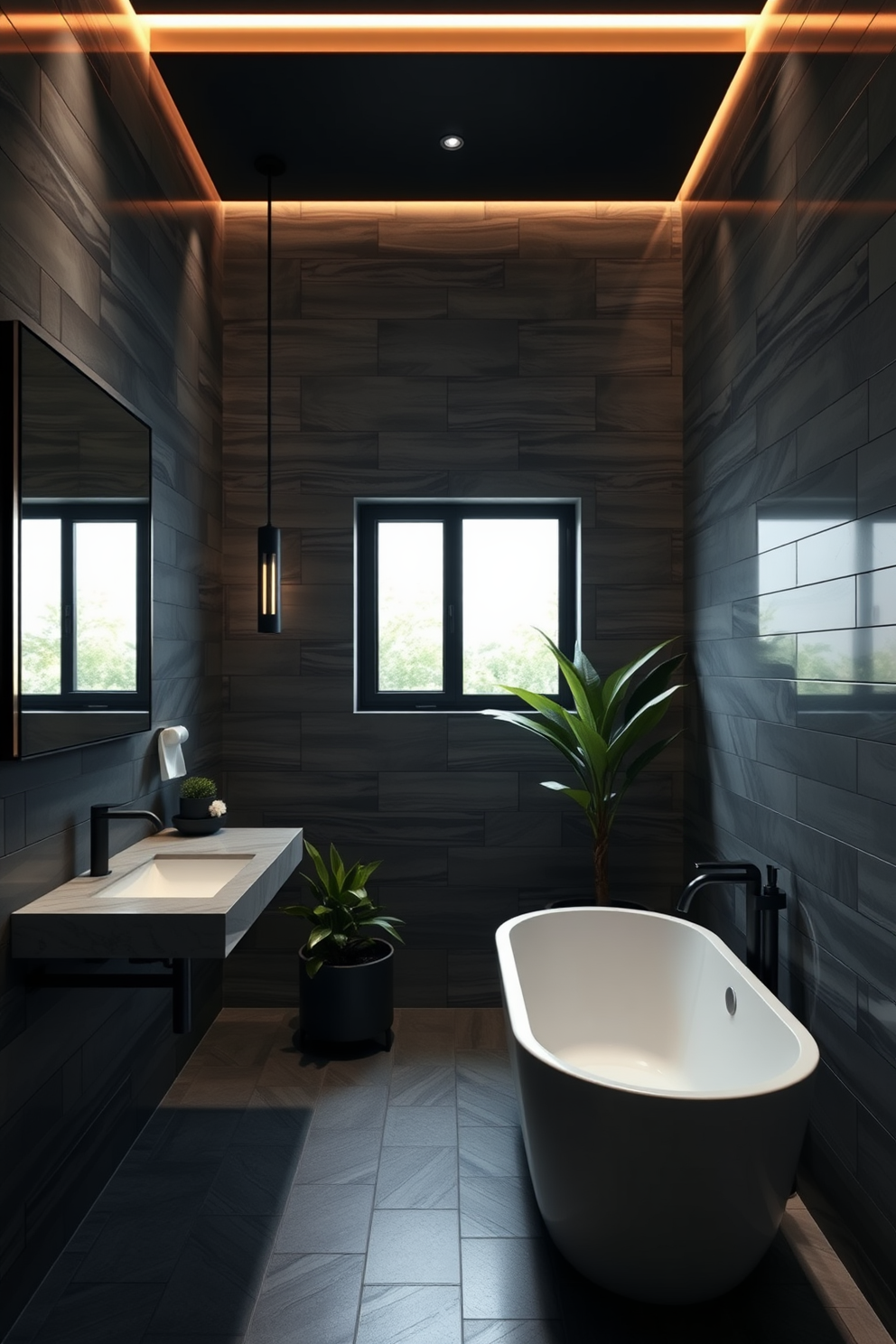 A dark and moody bathroom featuring light-colored tiles that contrast sharply with dark grout. The space is accented with sleek black fixtures and a large frameless mirror that enhances the modern aesthetic. Soft ambient lighting creates a warm glow, highlighting the elegant textures of the decor. A stylish freestanding bathtub sits in the corner, surrounded by lush greenery for a touch of nature.