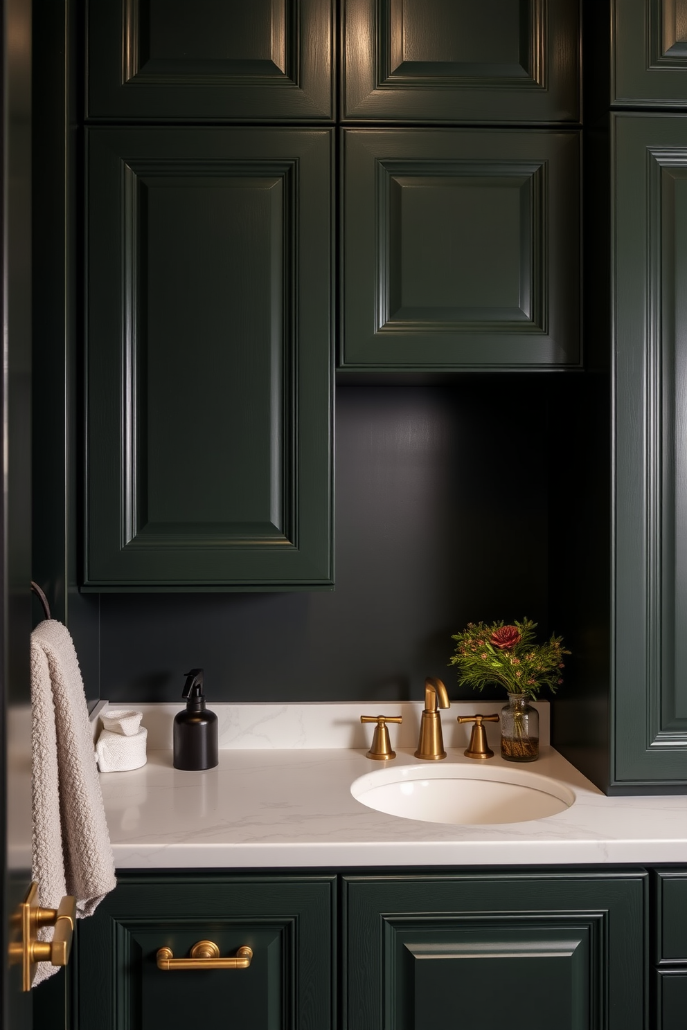 A deep green cabinetry design features elegant brass hardware that adds a touch of sophistication. The dark bathroom is accented with rich textures and ambient lighting to create a cozy and inviting atmosphere.