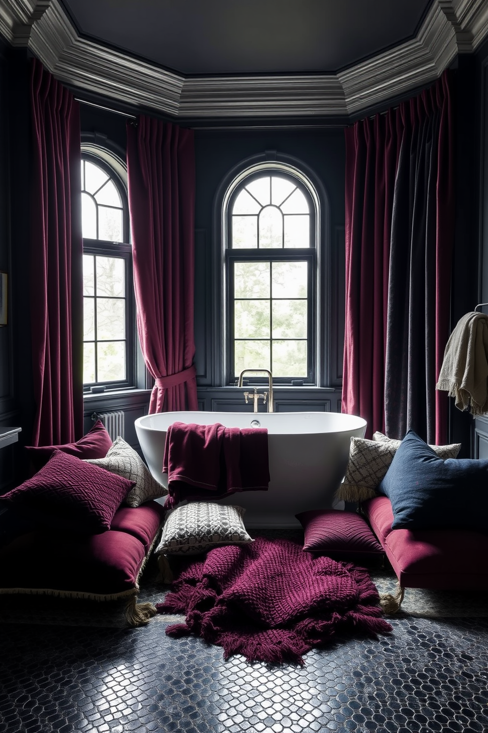 A luxurious bathroom featuring layered textiles in rich, dark tones. The walls are adorned with deep charcoal paint, and plush velvet curtains frame a large window, allowing soft light to filter through. A freestanding soaking tub sits in the center, surrounded by an array of textured cushions and throws in shades of burgundy and navy. The floor is covered with a dark mosaic tile, adding depth and sophistication to the overall design.