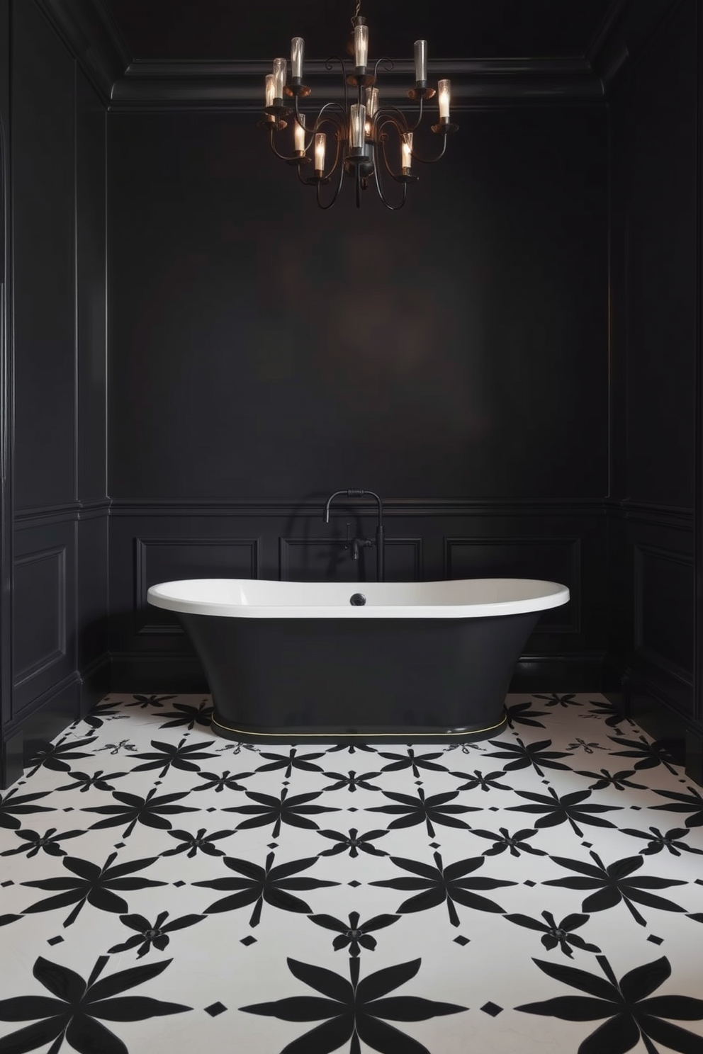 A dark bathroom setting with black and white patterned floor tiles creating a striking contrast. The walls are painted in a deep charcoal shade, enhancing the sophisticated atmosphere. A sleek freestanding bathtub sits in the center, surrounded by elegant black fixtures. Above the tub, a modern chandelier adds a touch of luxury to the space.