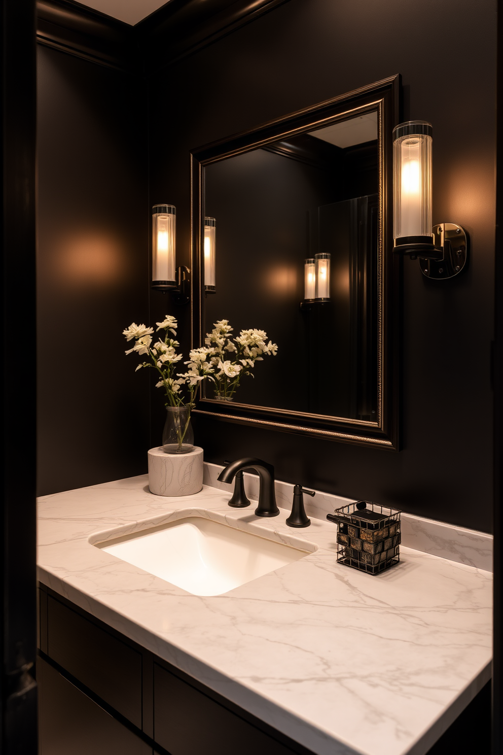 A dark wood vanity with a sleek marble countertop anchors the space, providing a touch of elegance. The walls are painted a deep charcoal, enhancing the luxurious feel of the room. Soft ambient lighting casts a warm glow, highlighting the rich textures and finishes throughout. A large, framed mirror above the vanity reflects the sophisticated design elements, creating an inviting atmosphere.