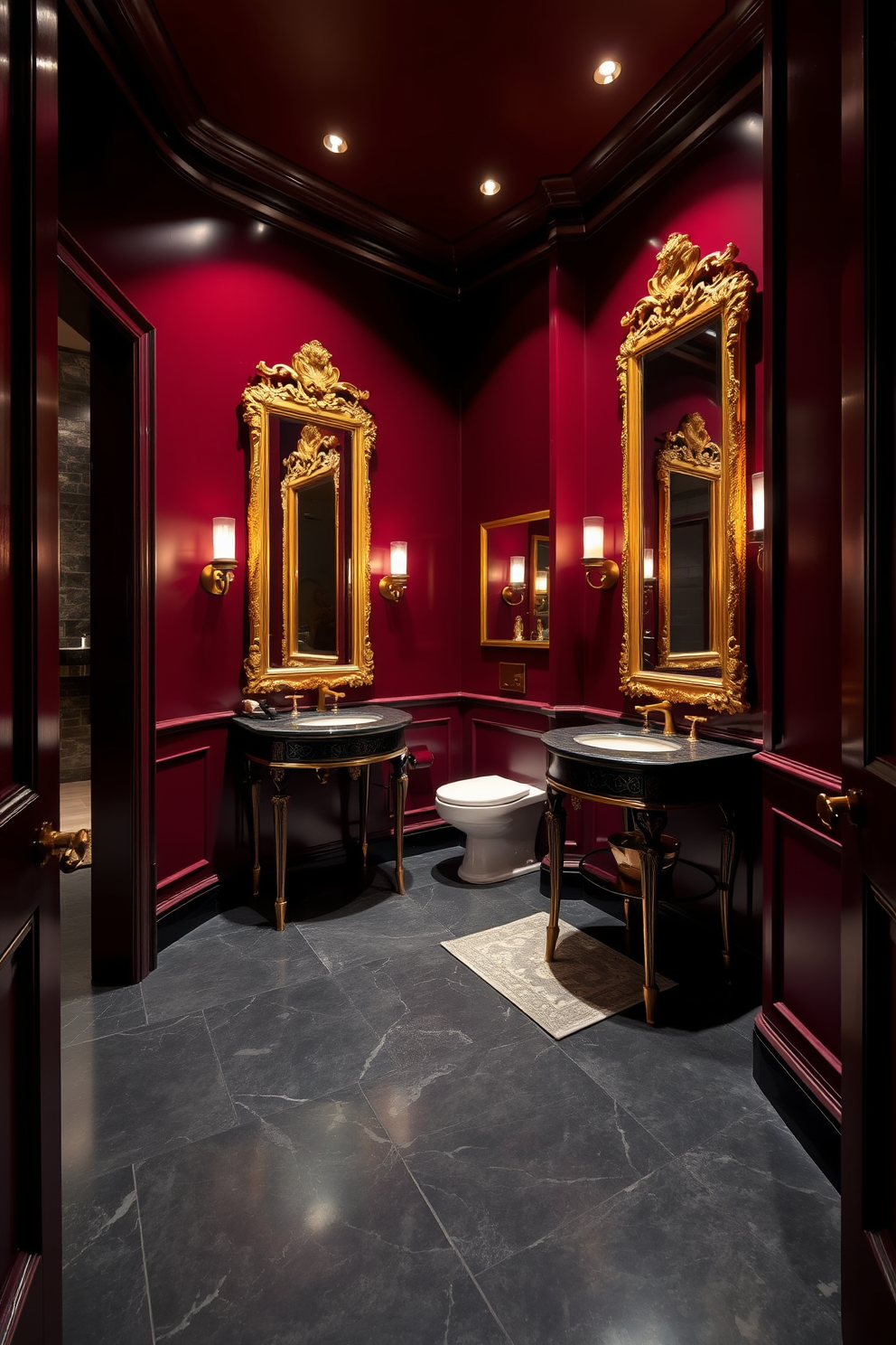 A luxurious dark bathroom featuring rich burgundy walls that create a warm and inviting atmosphere. Gold-framed mirrors adorn the walls, reflecting light and adding an elegant touch to the space. The flooring is a deep charcoal tile that complements the wall color, enhancing the overall sophistication of the design. Soft ambient lighting casts a gentle glow, highlighting the opulent details throughout the room.