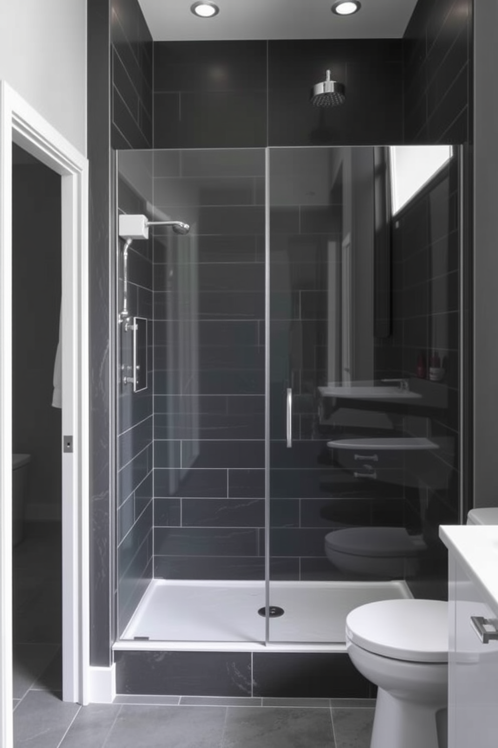 A modern bathroom featuring a slate gray shower with a sleek glass enclosure. The design emphasizes dark tones with deep charcoal walls and contrasting white fixtures for a striking visual effect.