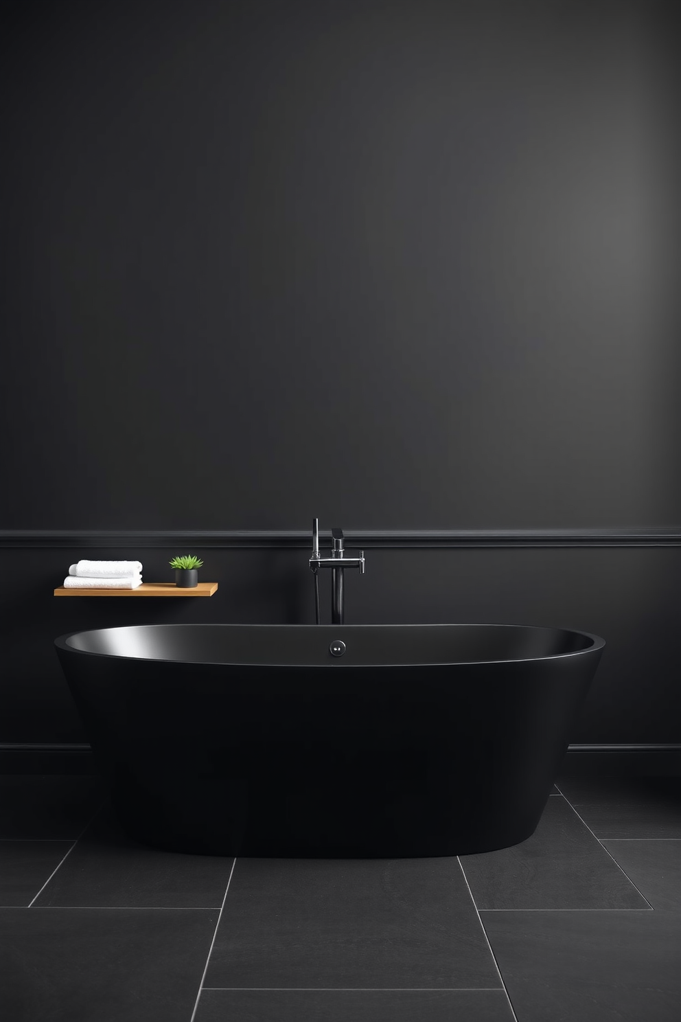 A sleek black freestanding bathtub takes center stage in a dark and moody bathroom. The walls are painted in a deep charcoal hue, creating a dramatic backdrop that enhances the elegance of the bathtub. Soft ambient lighting highlights the contours of the tub, while a minimalist wooden shelf beside it holds neatly folded towels and a small potted plant. The floor features large matte black tiles, adding to the sophisticated atmosphere of this modern sanctuary.