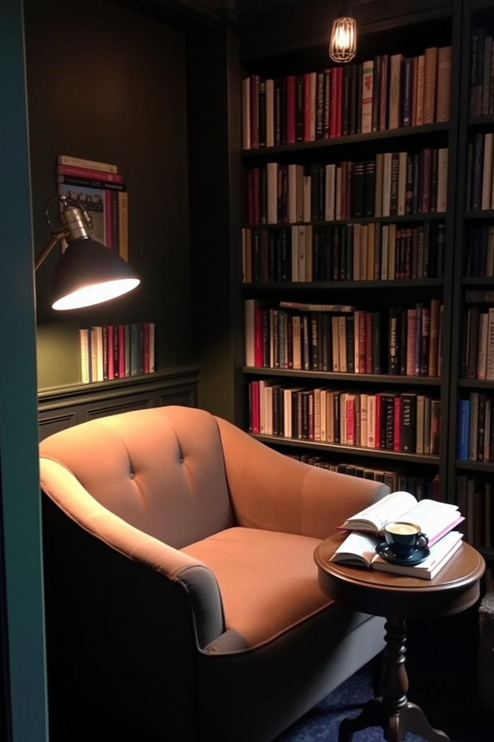 Cozy reading nook with dark green walls featuring a plush armchair upholstered in soft fabric. A small wooden side table holds a steaming cup of tea and a stack of books, creating an inviting atmosphere. The nook is illuminated by a vintage floor lamp casting a warm glow over the space. Shelves filled with books line the walls, adding to the charm of this intimate home library.