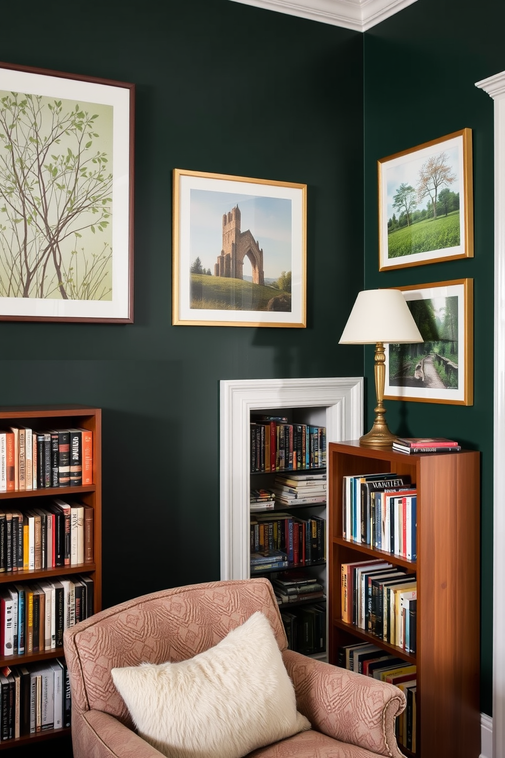 A cozy home library with dark green walls adorned with wall art featuring nature themes. The space includes a plush reading chair and a wooden bookshelf filled with books, creating an inviting atmosphere for relaxation and reading.