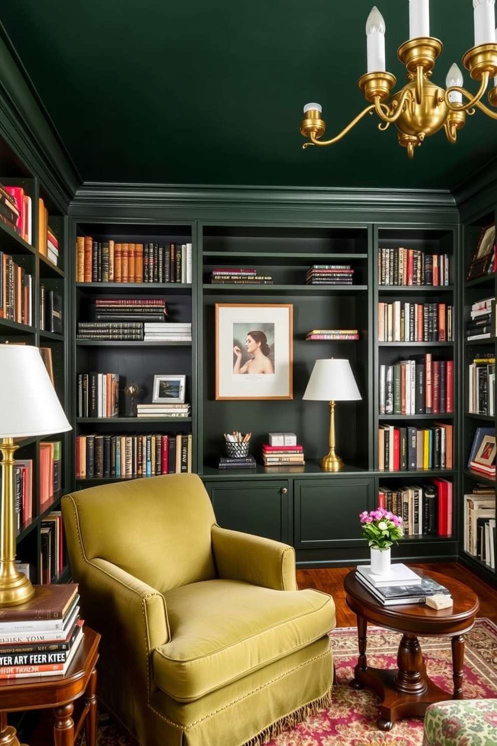 A cozy home library featuring rich dark green walls that create a warm and inviting atmosphere. The space is adorned with brass fixtures, including a stylish chandelier and elegant table lamps that provide a touch of sophistication. Bookshelves line the walls, filled with a curated collection of books and decorative items. A plush armchair in a complementary shade of green sits near a small wooden side table, perfect for enjoying a quiet read.