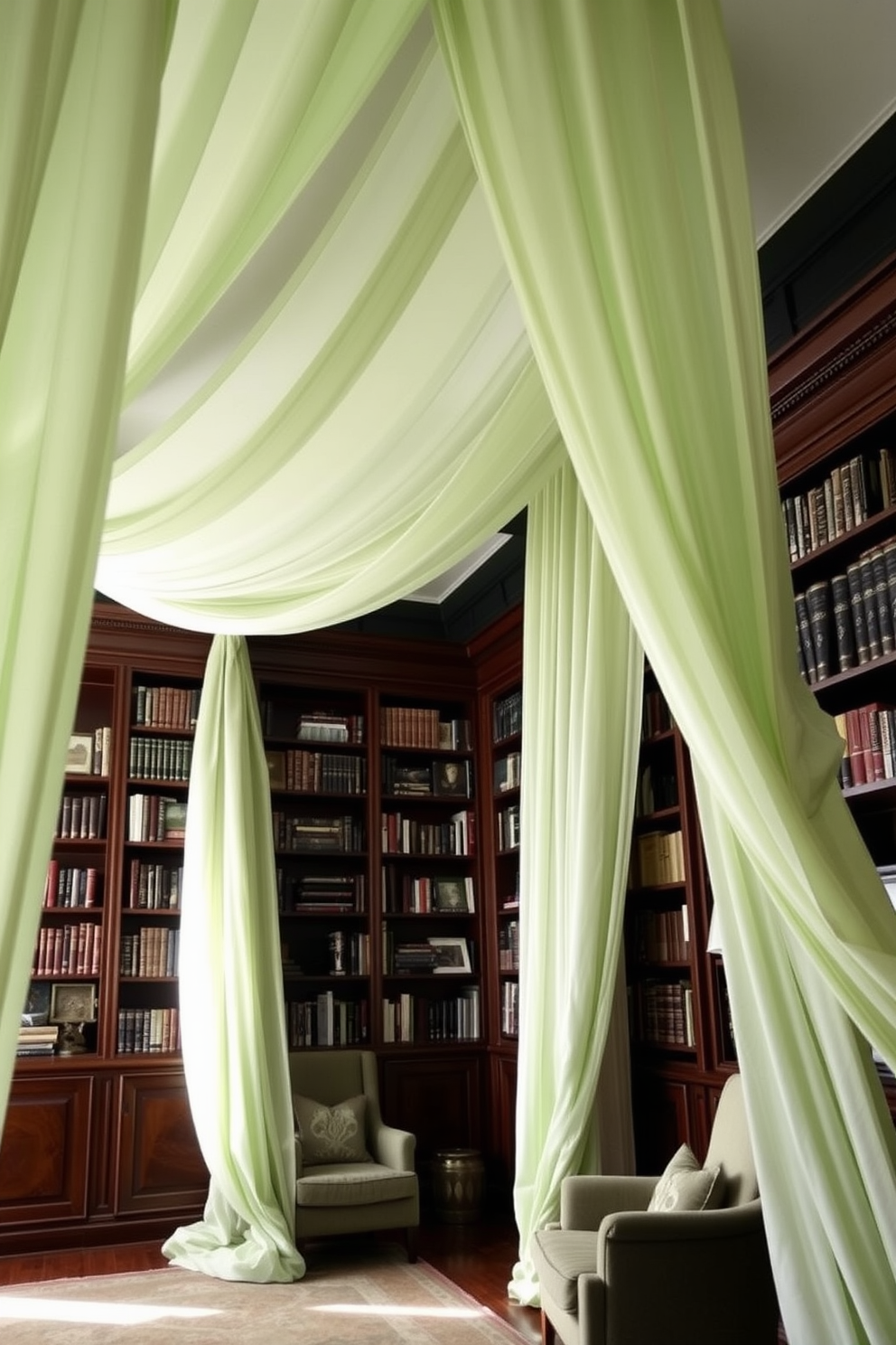 Soft green curtains drape elegantly from the ceiling, creating a serene and calming atmosphere in the room. The natural light filters through, enhancing the tranquil vibe of the space. The home library features dark green walls, rich wooden bookshelves, and a plush reading nook. Cozy armchairs are strategically placed to invite relaxation and quiet contemplation.