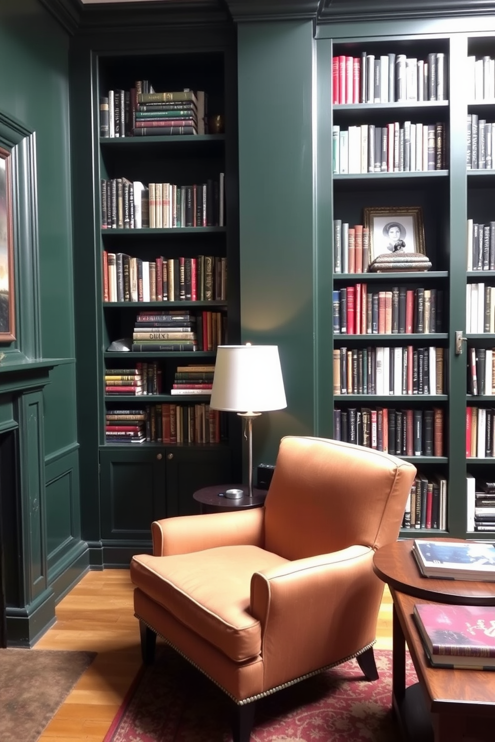 A cozy home library featuring dark green painted walls complemented by crisp white moldings. The room is filled with floor-to-ceiling bookshelves made of rich wood, showcasing an extensive collection of books and decorative items. A plush reading chair in a deep tan leather is positioned near a large window, inviting natural light to fill the space. A vintage-style area rug in warm tones lies underfoot, adding warmth and texture to the room.