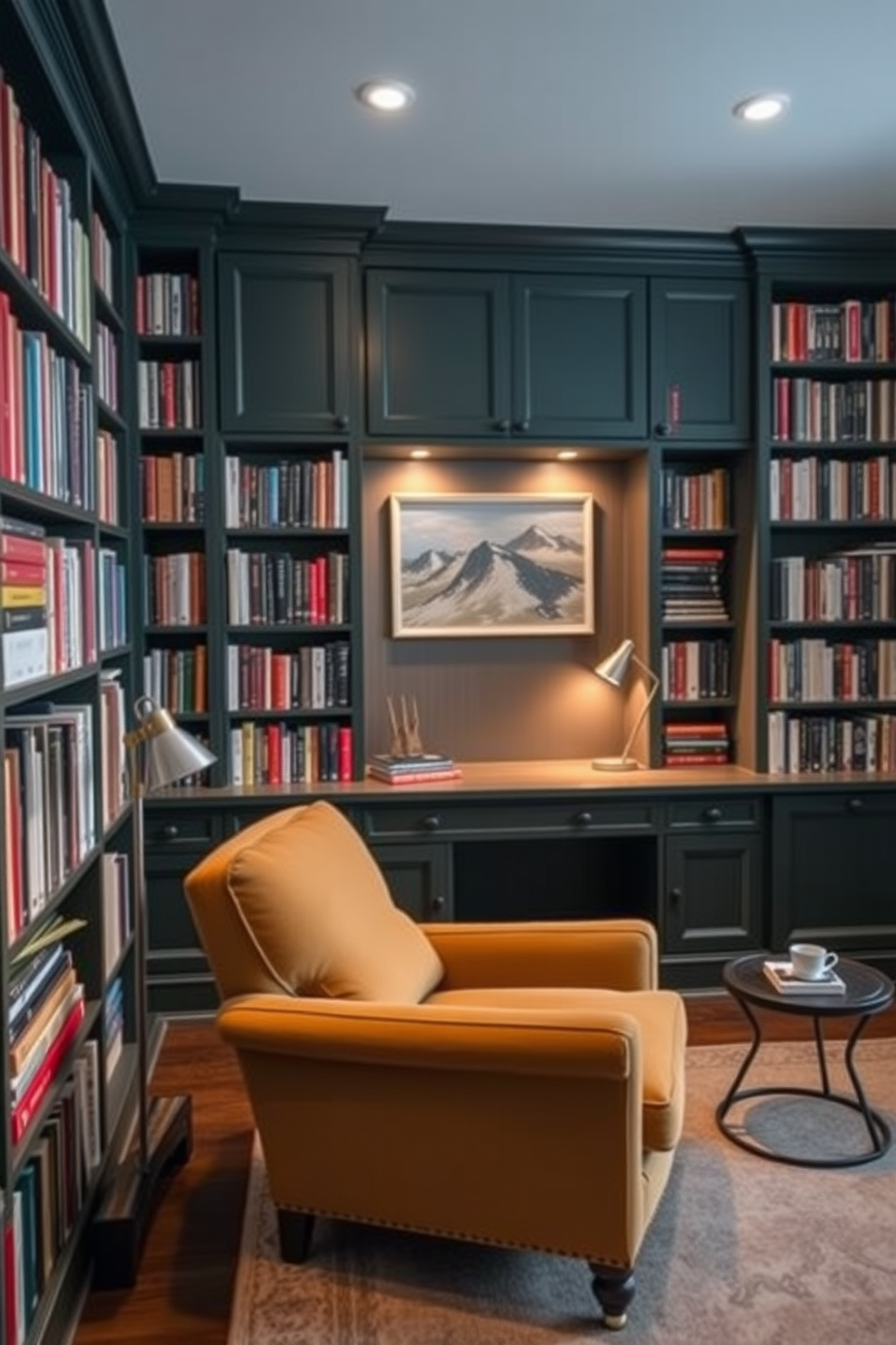 A cozy home library featuring a built-in desk with dark green cabinetry. The room is adorned with floor-to-ceiling bookshelves, showcasing an array of books in various colors and sizes. Soft lighting illuminates the space, creating a warm and inviting atmosphere. A plush armchair sits in the corner, accompanied by a small side table for a cup of tea or coffee.