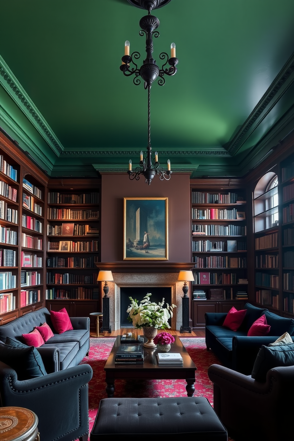 A dramatic home library featuring a striking statement green ceiling that draws the eye upwards. The walls are lined with rich wooden bookshelves filled with an array of books, creating a warm and inviting atmosphere. Plush seating options in deep hues are arranged around a central coffee table, perfect for reading or conversation. Soft lighting from ornate fixtures casts a gentle glow, enhancing the cozy ambiance of the space.